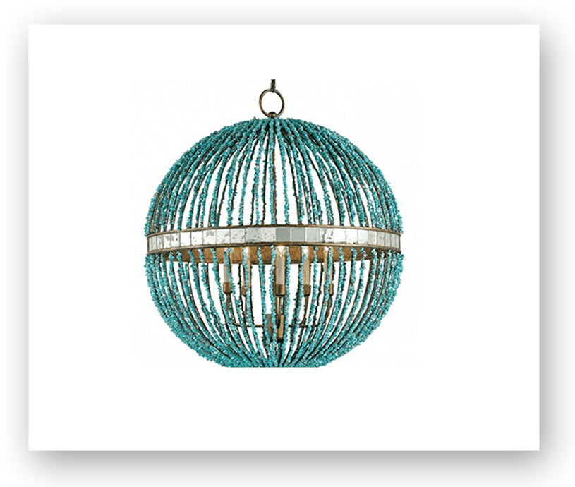 A turquoise and silver chandelier hanging from the ceiling.