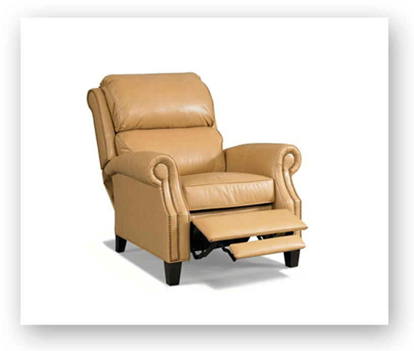 A tan leather recliner with arms and legs.